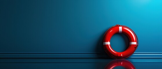 Red lifebuoy on a blue wall, symbolizing safety and rescue.