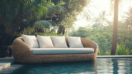Fototapeta premium Poolside rattan sofa with cushions, basking in the sun, perfect for outdoor leisure and relaxation themes. Free space for text.