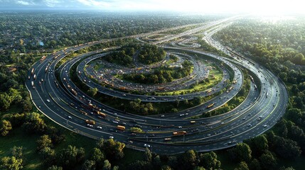 Aerial view of a complex highway interchange surrounded by greenery.