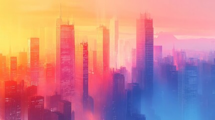 Vibrant cityscape with orange, pink, and light blue dawn hues