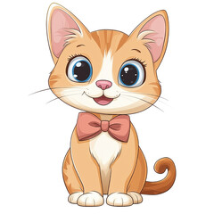 Cute cartoon cat with bow tie, smiling, big eyes, orange fur, isolated on transparent background, png