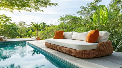 Obraz premium Rattan sofa placed by the poolside, with cushions and a serene ambiance, ideal for relaxing outdoors. Space for text overlay.