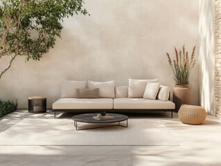 Simple outdoor patio with a minimalist design, featuring a basic two-seater sofa in light beige and a small coffee table