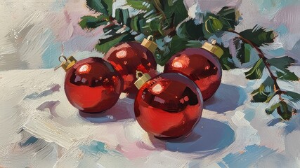 Christmas and new year holidays concept. Red balls on fir branches, winter snowy backdrop. festive winter season background. template for design. banner, copy space