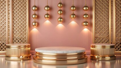 A round marble podium with gold accents and a pink background.
