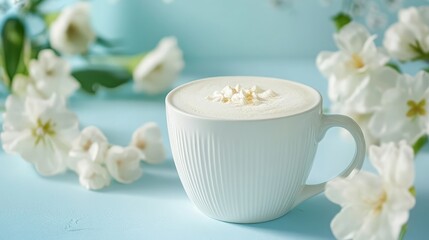 White ceramic cup filled with a frothy latte on a soft blue background isolated on white background