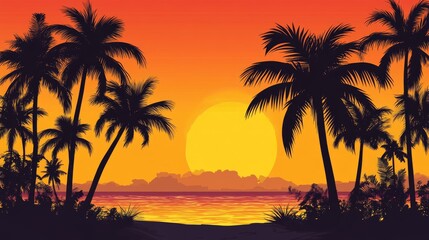 Fototapeta premium Silhouetted palm trees line a serene beach as the sun sets in a gradient of orange and red, creating a tranquil tropical scene.