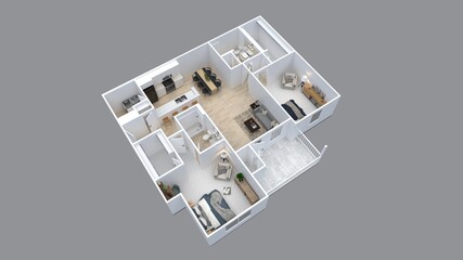 3D Floor plan of a 2 bedroom home, 3D illustration. Open concept living apartment layout