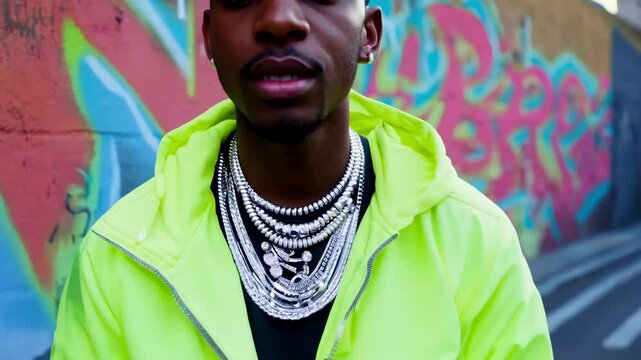 
A dark-skinned man in a neon windbreaker and bold silver accessories stands confidently against a graffiti-covered wall, creating a striking urban look. 4K video