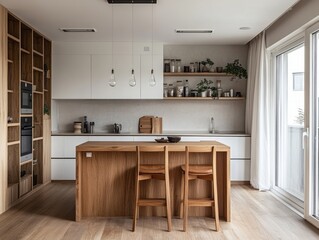 Small dining room and kitchen with a wooden bar table integrated into an open kitchen