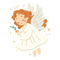 Flat vector illustration in children's style. Cute little angel praying. Children's illustration on white background. Vector illustration