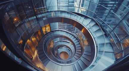 Fototapeta premium Architectural Marvel: A Spiral Staircase Winding Through a Modern Skyscraper