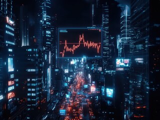 Fototapeta premium Futuristic line graph illustrating stock market trends and projections in a digital landscape.