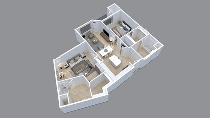 3D Floor plan of a 2 bedroom home, 3D illustration. Open concept living apartment layout