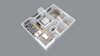 3D Floor plan of a 2 bedroom home, 3D illustration. Open concept living apartment layout