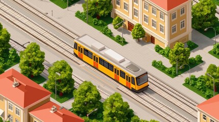Obraz premium A yellow tram navigating through a city street lined with trees and buildings.