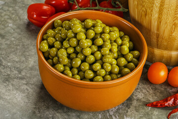 Sweet canned young green peas