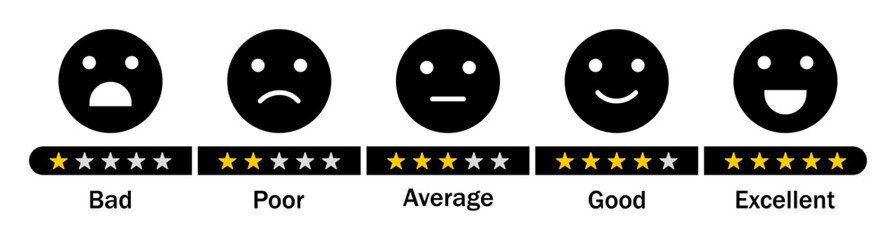Fototapeta premium Feedback rating emoji icon set in black color. Five facial expression of feedback sign symbol. Rating emoji emotion levels. Vector illustration.