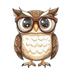 Owl wearing glasses, cartoon style, cute and whimsical design, isolated on transparent background,...