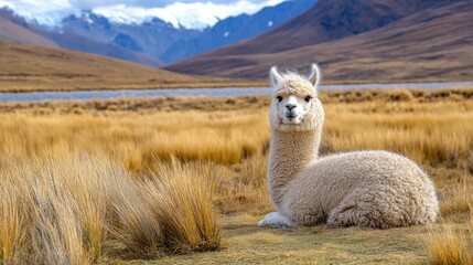 Fototapeta premium Content alpaca chewing grass with a serene look.