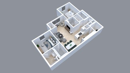 3D Floor plan of a 2 bedroom home, 3D illustration. Open concept living apartment layout
