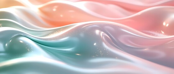 Obraz premium Abstract close-up of smooth, flowing fabric in pastel shades of pink and mint green, creating a serene and dreamy atmosphere with subtle sparkles throughout.