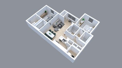 3D Floor plan of a 2 bedroom home, 3D illustration. Open concept living apartment layout