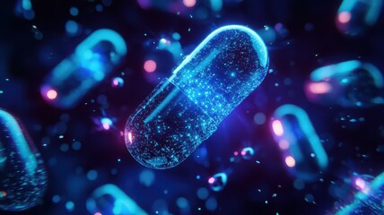 Floating collagen capsules surrounded by glowing particles in a serene, ample space for beauty and wellness themes.