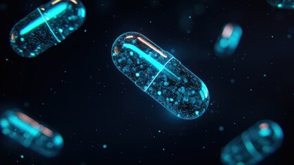 Floating collagen capsules surrounded by glowing particles in a serene, ample space for beauty and wellness themes.