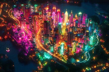 A city with colorized building lights, resembling a neon-drenched city at night, conveying energy and modernity. 