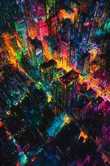 A city with colorized building lights, resembling a neon-drenched city at night, conveying energy and modernity. 