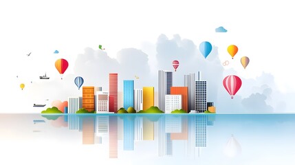 Colorful cityscape with hot air balloons and reflection