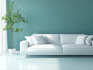 Teal walls paired with a simple white sofa and minimal decor for a clean, refreshing family room
