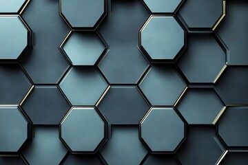 Abstract geometric pattern of dark blue octagons and hexagons with a metallic sheen.