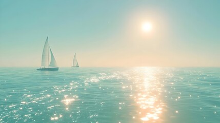 Fototapeta premium Two sailboats gliding across a tranquil, sunlit ocean. The soft glow of the sun reflects off the shimmering water, creating a serene, dreamy atmosphere.