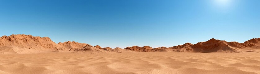 Fototapeta premium Stark arid landscape, sand and rock formations under the midday sun, expansive view with sharp shadows, clear blue sky, vivid colors, powerful simplicity, balanced scene