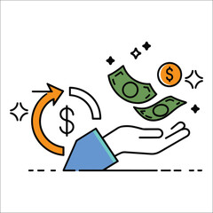 Cashback icon set, Return money, Cash back rebate, Financial services, money refund, return on investment, savings account, currency exchange. Mobile payment for purchases. line symbol. Vector, cashba