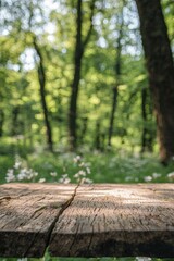 Close-up of an old wooden table with a blurred green forest in the background. Nature concept. Summertime, spring nature with a blooming wild flower meadow and trees