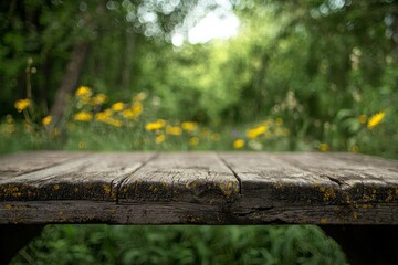Fototapeta premium Close-up of an old wooden table with a blurred green forest in the background. Nature concept. Summertime, spring nature with a blooming wild flower meadow and trees