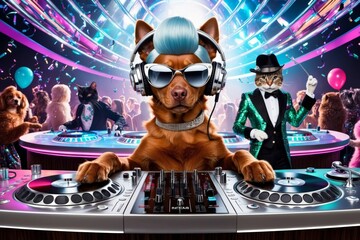 A lively DJ party featuring a dog at the turntables while a cat performs on stage amidst a crowd of animated animals during a vibrant celebration