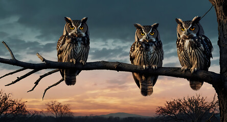 Obraz premium a group of owls perched on tree branches at dusk, all looking forward with wide, observant eyes against a darkening sky.