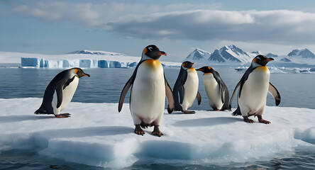 Obraz premium a colony of penguins standing together on an icy shore, with a few chicks nestled close to their parents