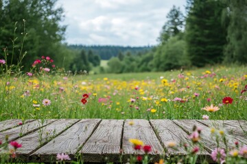 Close-up of an old wooden table with a blurred green forest in the background. Nature concept. Summertime, spring nature with a blooming wild flower meadow and trees