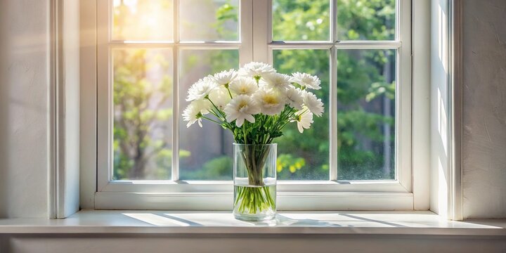 White flowers in vase on windowsill with natural light