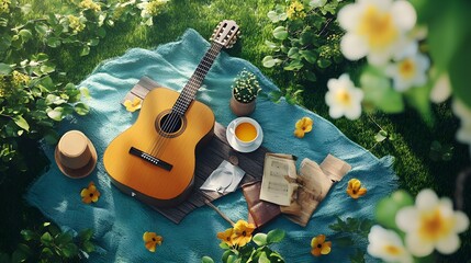 Relaxing afternoon with guitar in nature
