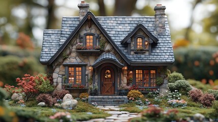 Fototapeta premium Charming miniature stone cottage surrounded by colorful gardens.