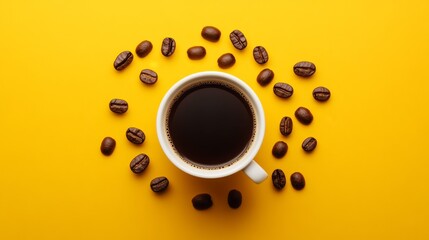 Obraz premium A cup of coffee with a few coffee beans around it