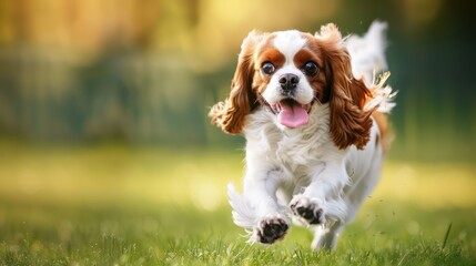 Fototapeta premium Happy Cavalier King Charles Spaniel Running Through the Grass