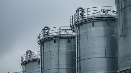 Obraz premium Close-up of large metal storage tanks with industrial piping and railings, set against a grey, overcast sky, highlighting industry infrastructure