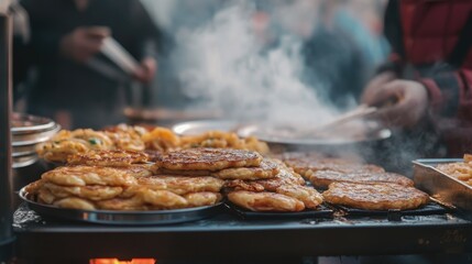 A bustling food stall serving Korean pancakes (jeon) and other treats during a festival.